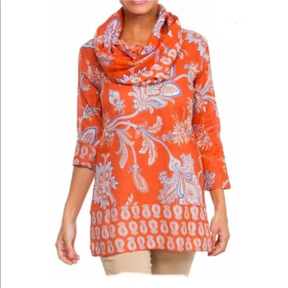 Gretchen Scott Tunic Womens M Queeny Funnel Cowl Imari Paisley Orange Knit Top - Picture 2 of 8